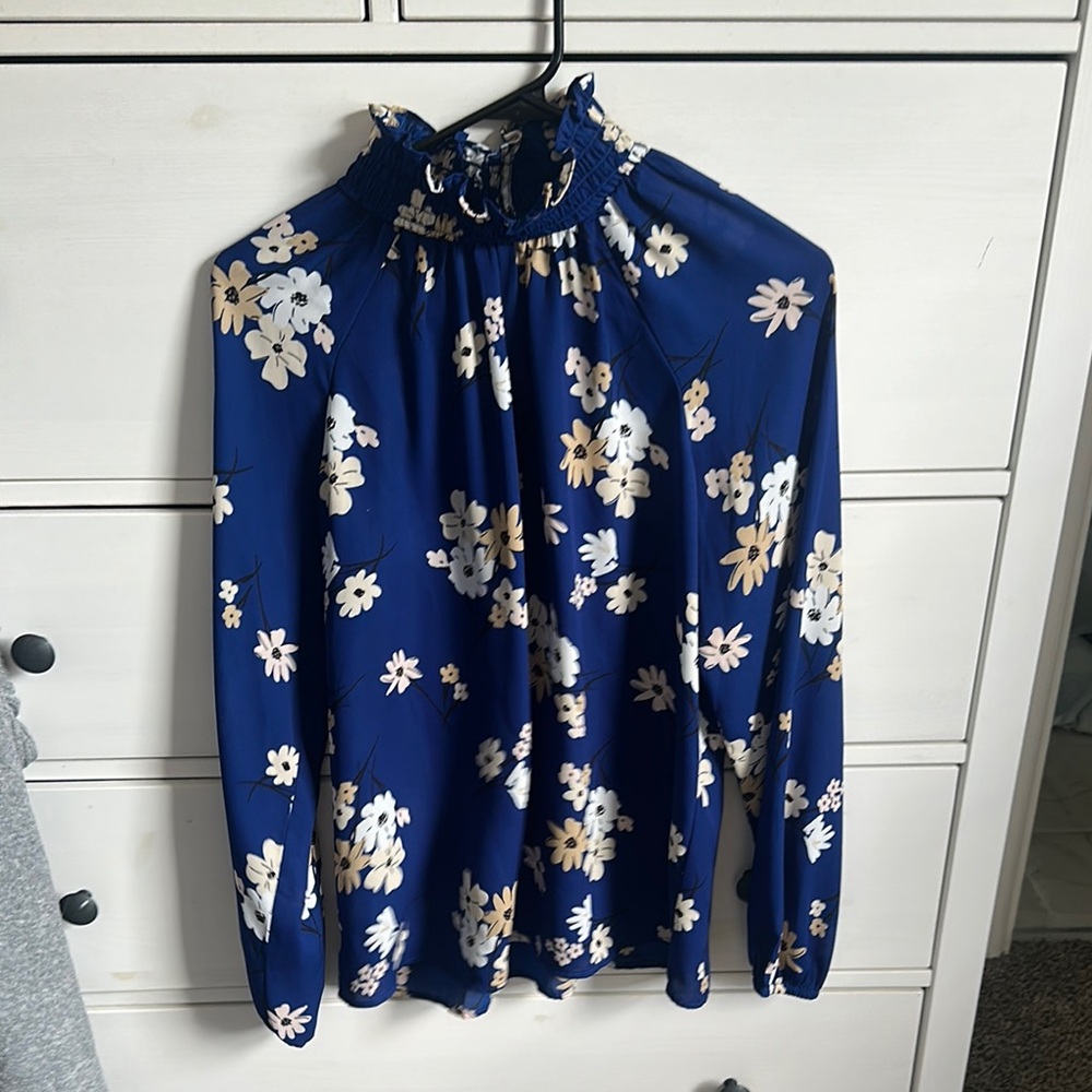 LOFT Blue Ruffled Blouse with White Floral Design